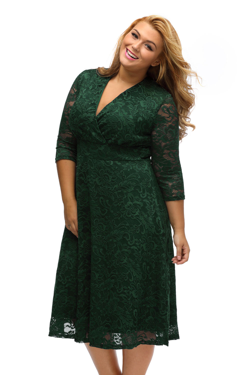 BY61442-9 Olive Plus Size Surplice Lace Formal Skater Dress